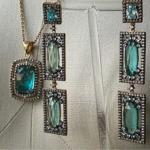 INDIA | Elegant Blue Topaz 23" Necklace & 3" Drop Earrings Gold Tone Set